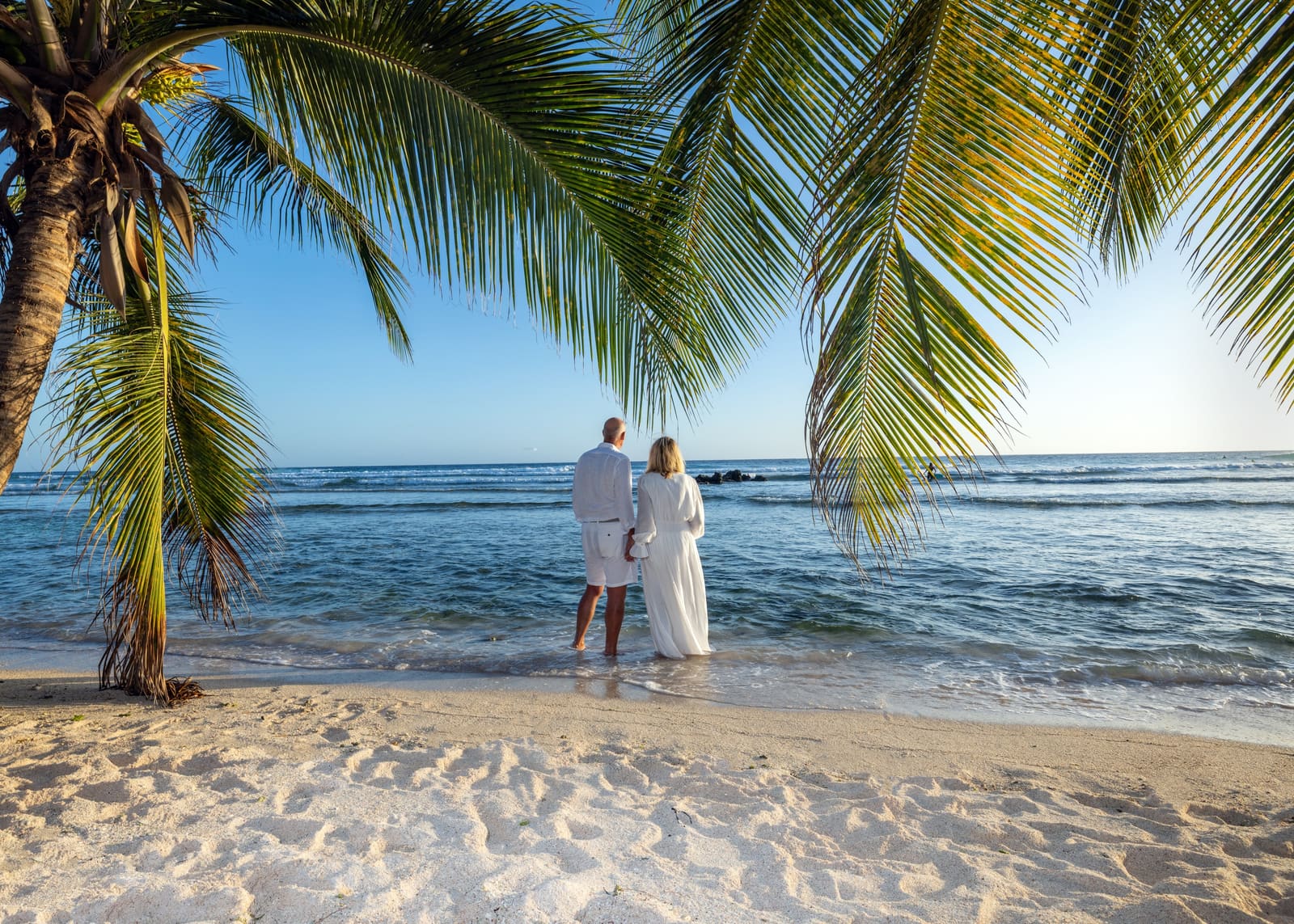 Couple looking out to sea between palm trees, Barbados