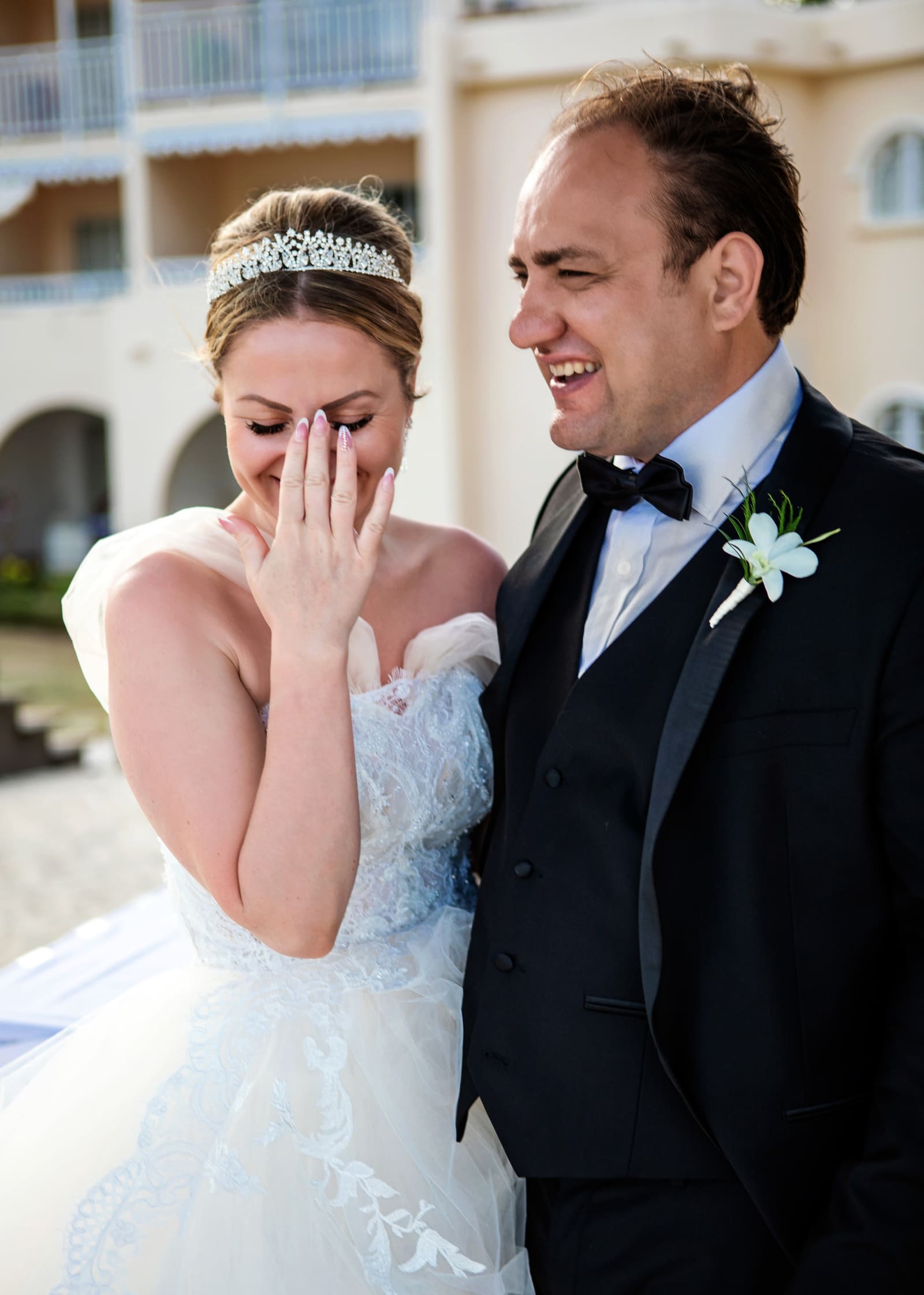 Bride laughing beside the groom, Barbados
