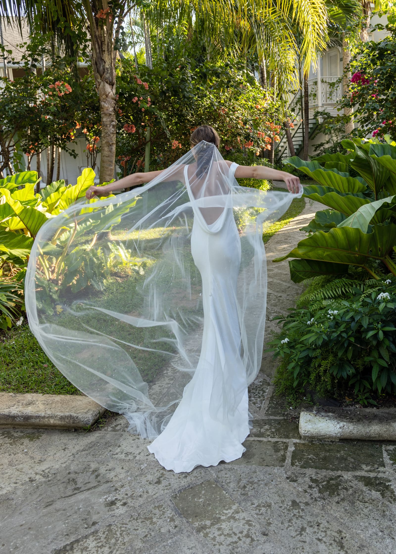 Bride’s veil billowing in a garden, Barbados